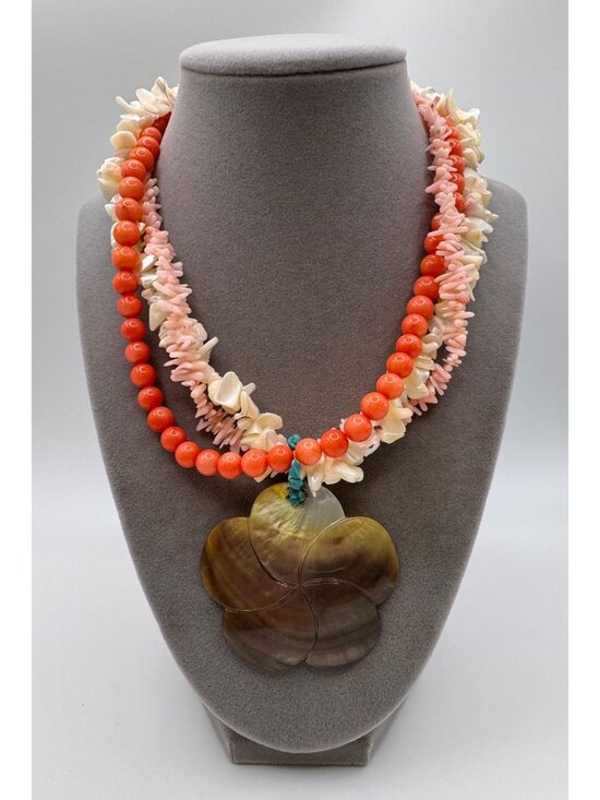 Jewelry - Vintage Coral Bead Multi Strand Necklace 925 Sterling MOP Shell Pendant Chunky